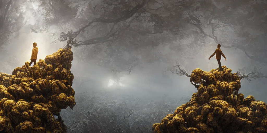 Image similar to Photorealistic intricate detailed picture of a levitating floating man made out of fungus tendrils, with arms outstretched. a gentle rising mist, an epic rocky landscape. occult photorealism, UHD, amazing depth, glowing, golden ratio, 3D octane cycle unreal engine 5, volumetric lighting, cinematic lighting, cgstation artstation concept art