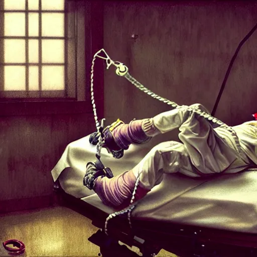 Image similar to hysterical and crazy clown lying in hospital bed with wrist restraints on, restraints straps attached to hospital bed siderails, greg rutkowski, photograph, 8 k