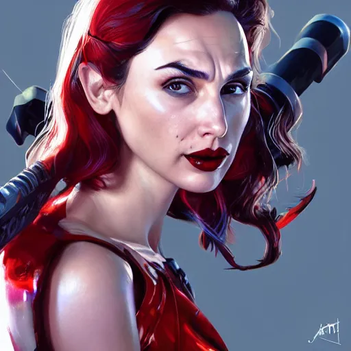 Image similar to a close up face of gal gadot as Harley Quinn, by Stanley Artgerm Lau, WLOP, Rossdraws, James Jean, Andrei Riabovitchev, Marc Simonetti, Yoshitaka Amano, ArtStation, CGSociety, Full body shot