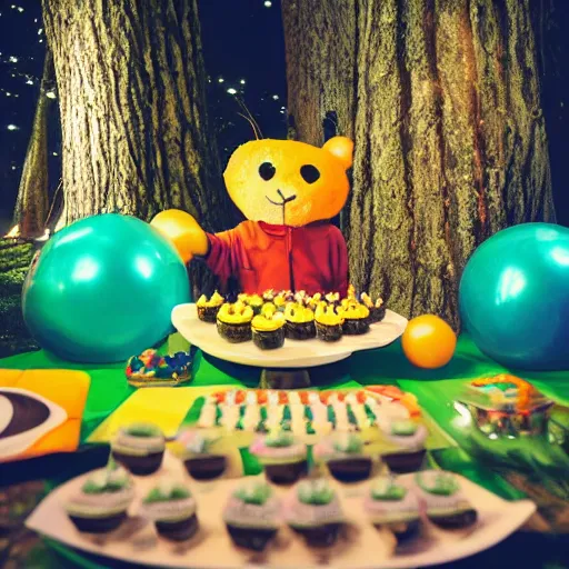 Prompt: photo of caterpillar birthday party in the forest at night