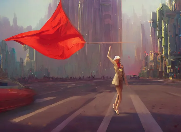 Image similar to gorgeous inspiring girl enthusiastically waving a red flag over her head to manage antigrav car traffic in a Mandelbrot fractal futuristic bustling utopian city by Craig Mullins, ilya kuvshinov, krenz cushart, artgerm trending on artstation by Edward Hopper and Dan Mumford and WLOP and Rutkovsky, Unreal Engine 5, Lumen, Nanite, lowpoly:10