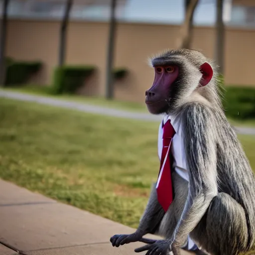 Prompt: baboon wearing a suit and tie, ready for a meeting