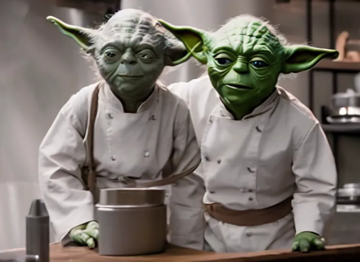 Image similar to film still of yoda working as a pastry chef in the new Star Wars movie, 4k