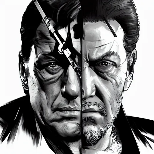 Image similar to cinematic portrait of silvio berlusconi, metal gear solid style, artwork by yoji shinkawa, illustration, black and white, concept art, intricate details, trending on artstation