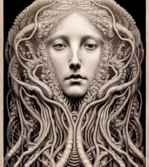 Prompt: detailed realistic beautiful tide goddess face portrait by jean delville, gustave dore, iris van herpen and marco mazzoni, art forms of nature by ernst haeckel, art nouveau, symbolist, visionary, gothic, neo - gothic, pre - raphaelite, fractal lace, intricate alien botanicals, ai biodiversity, surreality, hyperdetailed ultrasharp octane render