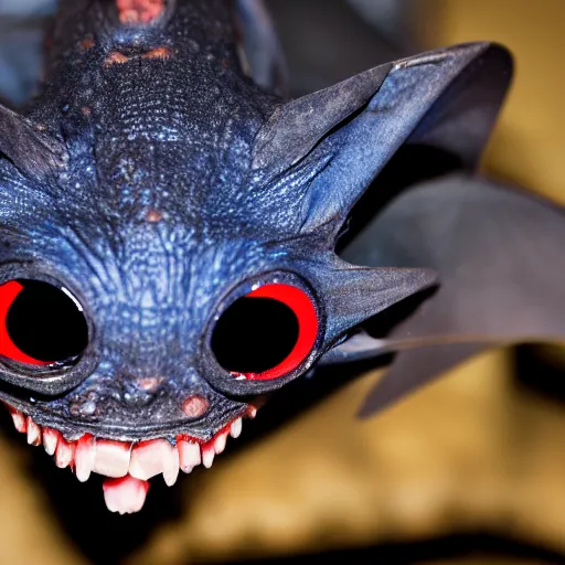 Prompt: detailed photo of scary giant mutant dark blue pygmy-bat, glowing red eyes, sharp teeth, acid leaking from mouth, realistic, giant, detailed 85mm f/1.4