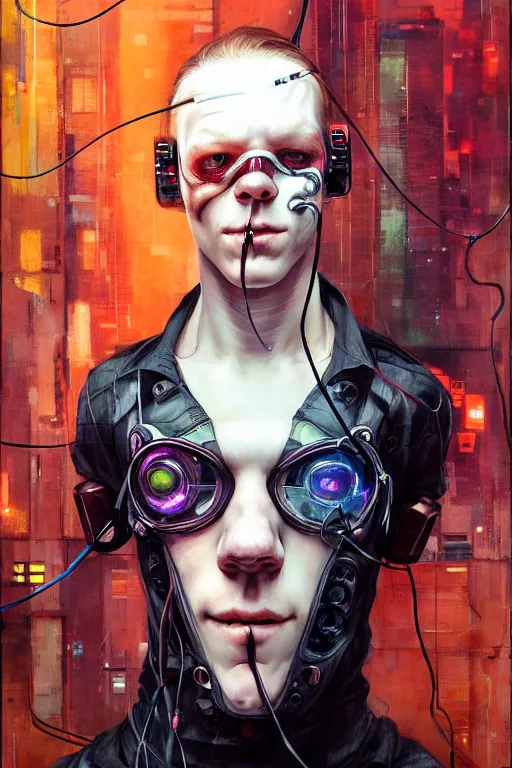 Prompt: cameron monaghan as a cyberpunk hacker, wires cybernetic implants, by adrian ghenie, esao andrews, jenny saville, james jean, dark art