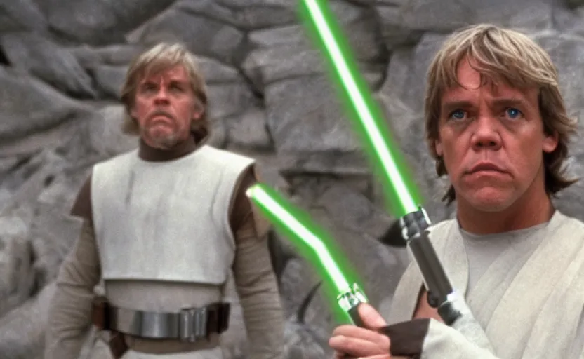 Image similar to screenshot portrait shot of Luke skywalker, played by mark hammill, he hold a lightsaber, facing off against a female sith lord woman in white, outside the rocky Jedi Temple, scene from The Lost Jedi Star Wars film made in 1980, directed by Stanley Kubrick, serene, iconic scene, hazy atmosphere, stunning cinematography, hyper-detailed, sharp, anamorphic lenses, kodak color film, 4k