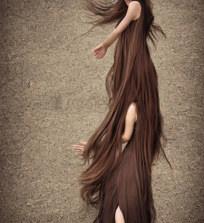 Prompt: portrait of girl with long brown hair, wearing a long dress, by skirtzzz, clean lines, extremely sharp