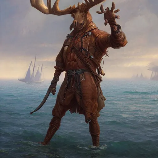 Prompt: anthropomorphic moose pirate humanoid by greg rutkowski, tim hildebrandt, wayne barlowe, wlop, pirate ship, sea, fantasy