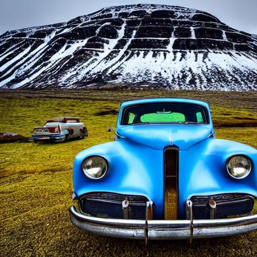 Image similar to a stunning wide angle HDR photograph of a blue vintage car in a field in Iceland, snowy mountain backdrop, shot from low angle