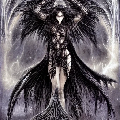 Prompt: dark beautiful sorceress casting an illusion spell by luis royo, full body shot, perfect symmetrical body, perfect symmetrical face, coherent symmetrical eyes,