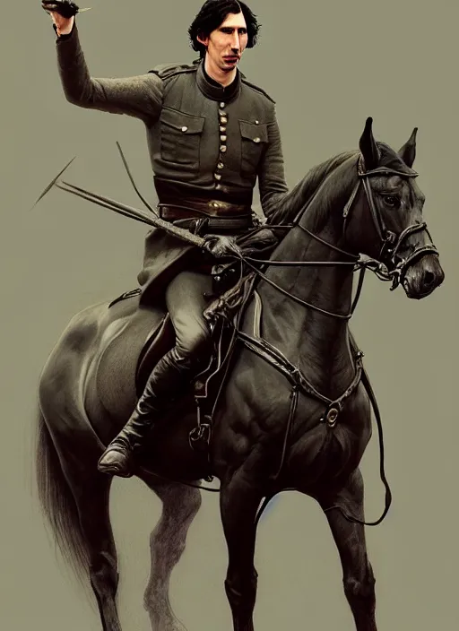 Image similar to painting of adam driver and john oliver, riding horse, stoic, full body, military uniform, fantasy, intricate, elegant, beautiful, highly detailed, charcoal, centered, dark, smokey, digital painting, artstation, concept art, smooth, sharp focus, illustration, art by artgerm and greg rutkowski and alphonse mucha