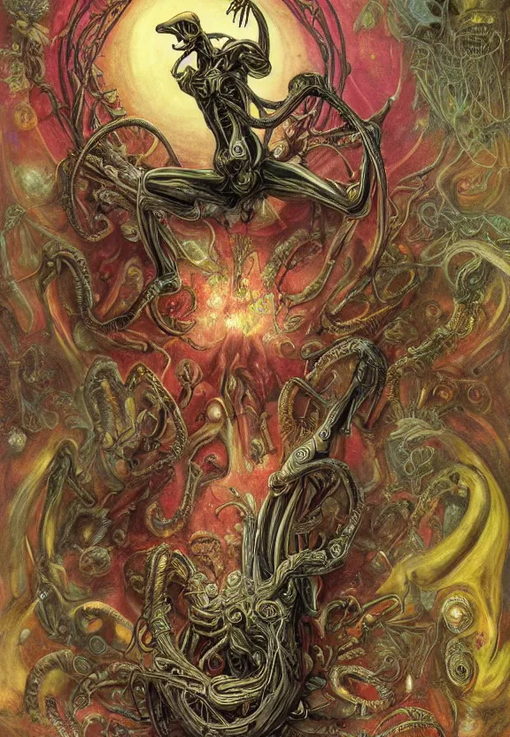 Image similar to simplicity, elegant, colorful glowing muscular cybernetic eldritch, flowers, bodies, radiating, mandala, psychedelic, shadows, by h. r. giger and esao andrews and maria sibylla merian eugene delacroix, gustave dore, thomas moran, pop art, giger's biomechanical xenomorph, art nouveau