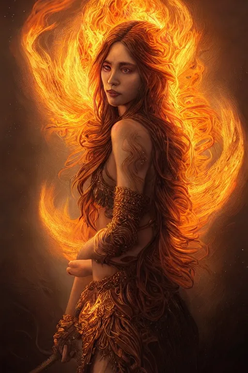 Image similar to Majestic and regal portrait of a beautiful young female fire goddess!!, intricate, epic, elegant, menacing, fantasy, highly detailed, digital painting, hard focus, beautiful volumetric lighting, epic light, ultra detailed, souls, smoke, by Leesha Hannigan, Ross Tran, Thierry Doizon, Kai Carpenter, Ignacio Fernández Ríos