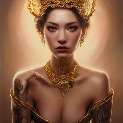 Prompt: expressive oil painting, of alluring european princess, seductive look, smooth glowing skin, glistening body, love, adoration, ornate headpiece made from beads, glamour shot, tattoos, by yoshitaka amano, by greg rutkowski, by jeremyg lipkinng, by artgerm, digital art, octane render, white dress