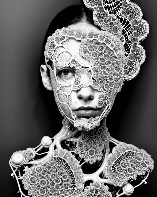 Image similar to surreal black and white photo portrait of complex bio-mechanical beautiful young female vegetal-cyborg with a Mandelbrot fractal metal fine lace face, curled silver hair, 150 mm lens, soft rim light, fine metal floral foliage super big lace collar by Alexander McQueen, high fashion, haute couture, rococo, steampunk, silver filigree details, anatomical, facial muscles, cable wires, microchip, elegant, hyper realistic, octane render, unreal engine, in the style Dora Maar, volumetric lighting, 8k,