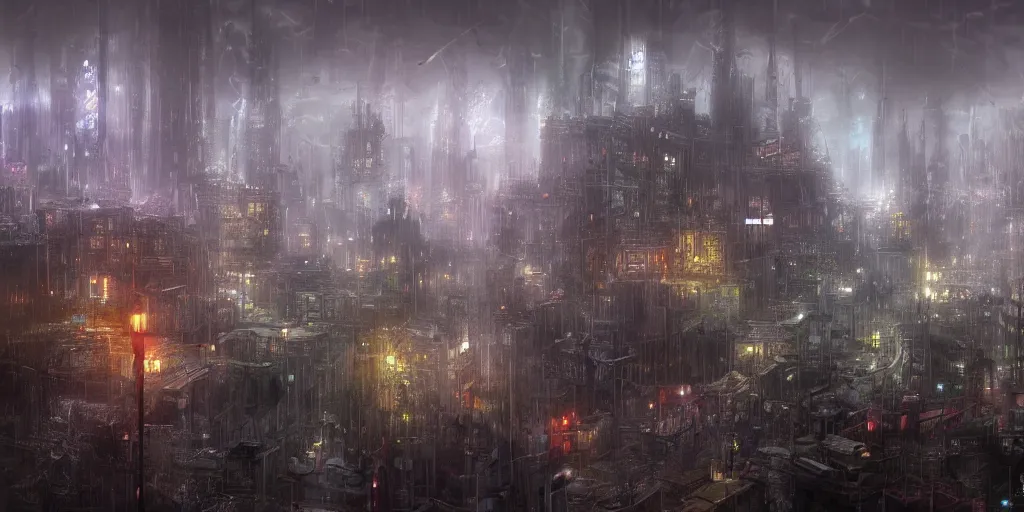 Image similar to a gloomy and rainy underground fantasy city, viewed from a distance, 4 k digital art, trending on artstation, high quality,