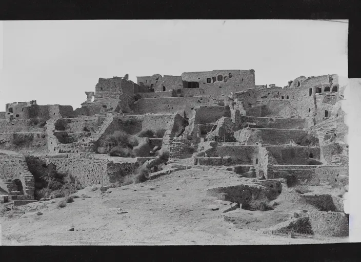 Image similar to Photograph of sprawling cliffside pueblo ruins, showing terraced gardens and narrow stairs in lush desert vegetation in the foreground, albumen silver print, Smithsonian American Art Museum