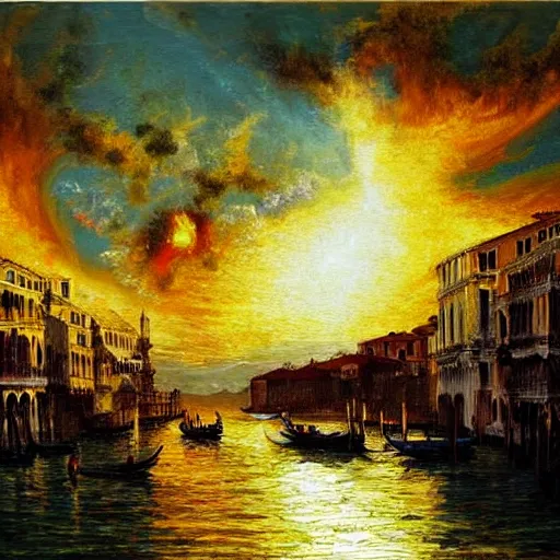 Image similar to an oil painting of a nuclear explosion in venice