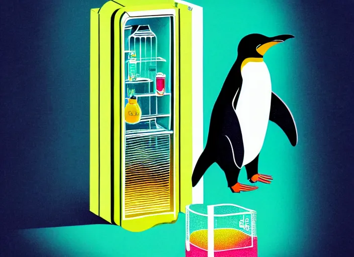 Image similar to penguin inside a refrigerator, colorful,modern art deco, Mads Berg, Karolis Strautniekas, stippled light, editorial illustration, detailed, matte print