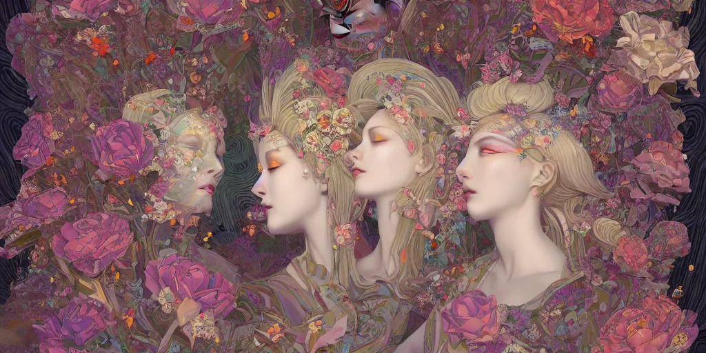 Image similar to breathtaking detailed concept art painting kaleidoscope art deco pattern of blonde faces goddesses amalmation flowers, by hsiao - ron cheng, bizarre compositions, exquisite detail, extremely moody lighting, 8 k