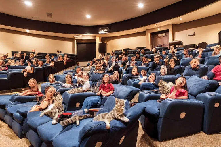 Image similar to full view of a movie theater full of cats sitting watching a movie