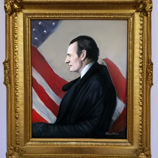 Image similar to president dnd tiefling, tiefling presidential portrait, oval office painting. official portrait, painting by gibbs - coolidge. oil on canvas, wet - on - wet technique, underpainting, grisaille, realistic. restored face.