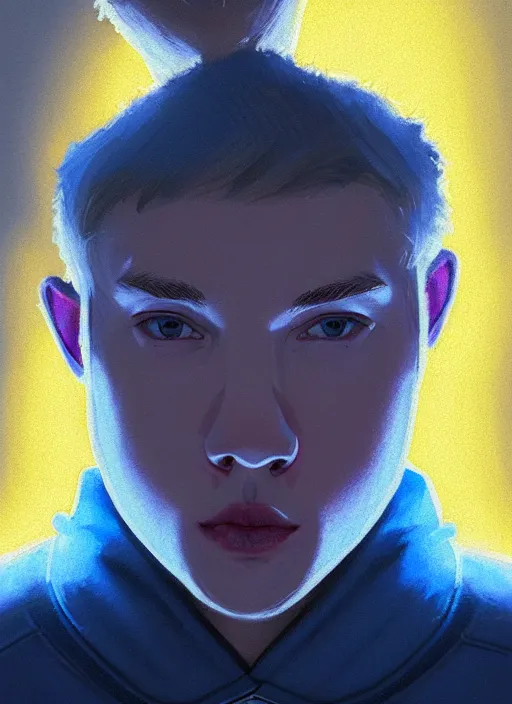 Image similar to portrait of high school senior boy named big moose, blonde short hair, jock, beefy, wide face, square jaw, square facial structure, blue varsity jacket with letter r, intricate, elegant, glowing lights, highly detailed, digital painting, artstation, concept art, sharp focus, illustration, art by wlop, mars ravelo and greg rutkowski