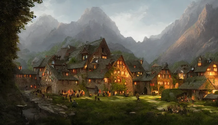 Image similar to medieval crowded village built in green huge mountains, fireplace, banquet at night, hyperdetailed, artstation, cgsociety, 8 k