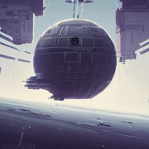 Image similar to a super structure inspired by the death star floating in the space, with spaceship coming to it, by ian mcque and neil blevins