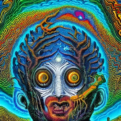 Image similar to Psychedelic DMT experience with inter-dimensional beings and insane trippy visuals in the style of an album cover by Howard Finster, Michael Cheval (highly detailed, 8k, UHD, fantasy, dream, otherworldly, bizzare, spirals, colourful, vivid)