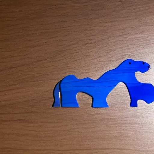 Image similar to a zoomed out studio product shot of a minimalist carved hippopotamus, made from cherry wood and blue resin, in profile, like a catalog photograph, mostly wood, with a smooth featureless minimalist look