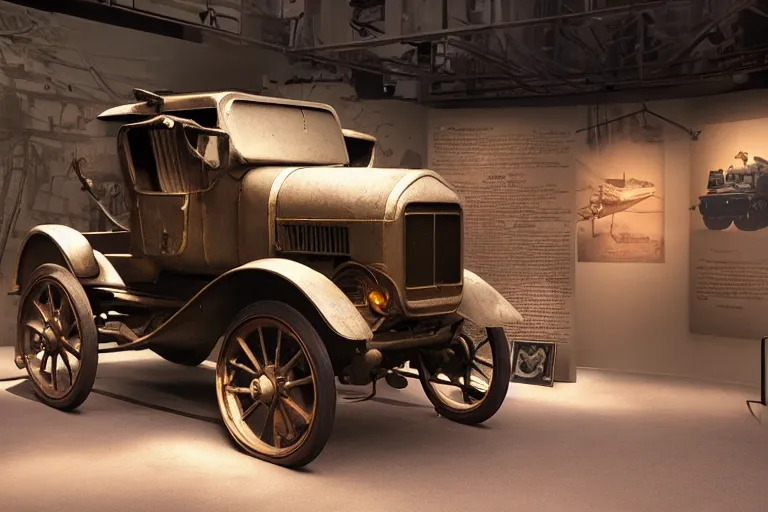 Image similar to cyberpunk 1 9 0 8 model ford t, volumetric lighting, in a museum, museum exhibit, museum lighting, 9 0 s film photo