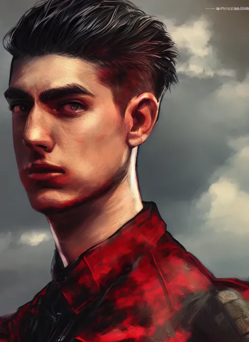 Image similar to An epic fantasy comic book style portrait painting of a young man with black undercut haircut, wearing red clothes, black overcoat, blue jeans. Unreal 5, DAZ, hyperrealistic, octane render, cosplay, RPG portrait, dynamic lighting