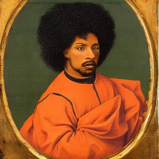 Image similar to photograph of a black man with afro hair wearing an army green cloak, riding!!! an orange!! bull!!!, renaissance style painting