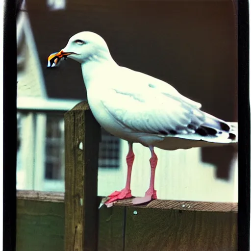 Image similar to photo polaroid of a seagull sitting on fence Norman Rockwell