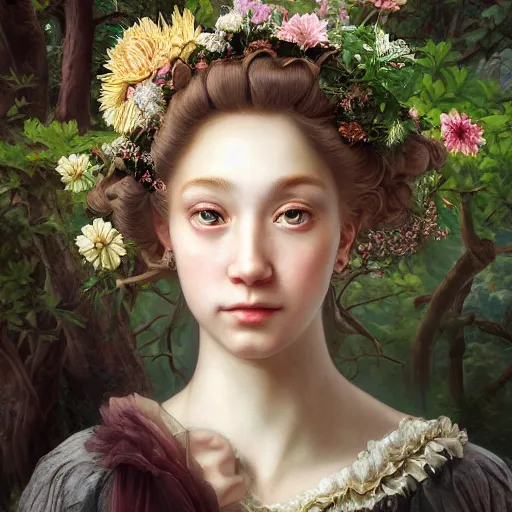 Image similar to A masterpiece ultrarealistic ultradetailed portrait of a Incredibly beautiful maid baroque renaissance girl with Giant shinig Diamond in the forest. medium shot, intricate, elegant, highly detailed. trending on artstation, digital art, by Stanley Artgerm Lau, WLOP, Rossdraws, James Jean, Andrei Riabovitchev, Marc Simonetti, Yoshitaka Amano. background by James Jean and Gustav Klimt, light by Julie Bell, 4k, porcelain skin.