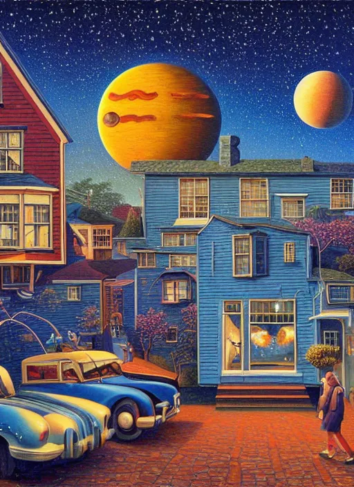 Image similar to a cozy pnw neighborhood. planets in the sky, vintage shapes, retro technology, happy colors. rob gonsalves, oil on canvas, deep depth field, masterpiece, cinematic composition, hyperdetailed