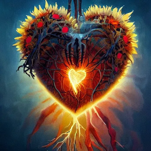 Image similar to a beautiful painting by Grzegorz greg rutkowski and Anato Finnstark of an anatomically correct heart bursting out of an anatomically correct skeletal rib-cage and exploding into rainbows and sunflowers, trending on artstation hq