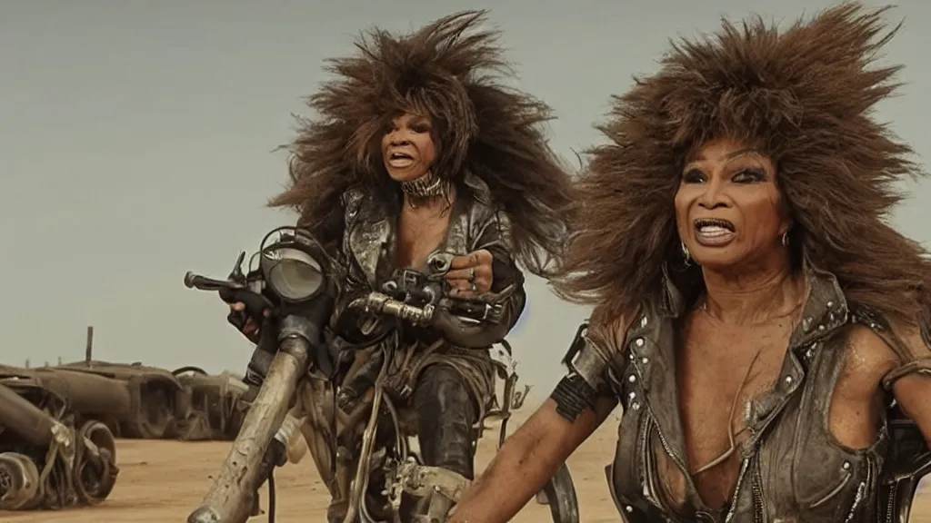 Image similar to tina turner in mad max with dirty ( hyperdetailed face ) riding a cyberpunk steam train, dystopian landscape, rail waggons, cyberpunk, hyperdetailed, 8 k, black smoke, oscar movie shot, cinematic