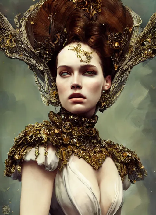 Prompt: portrait of beautiful female model by irakli nadar with intricate detailed wearing victorian dress designed by alexander mcqueen and rocky gathercole, haunting, elite, elegant, ruan jia, dark, hyper detailed, concept art, by gustav klimt,