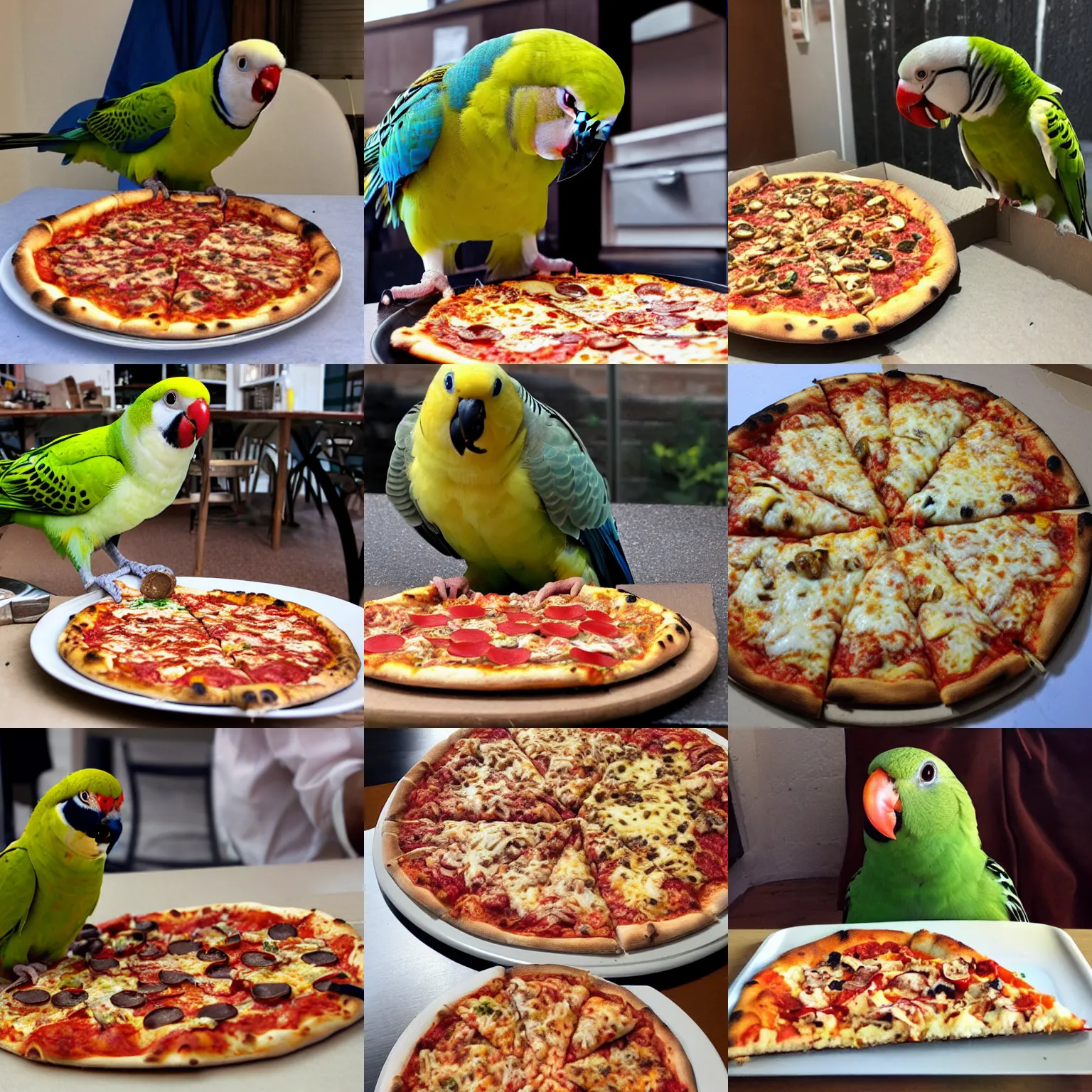 Prompt: a parakeet eating pizza, photo