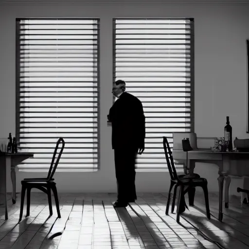 Image similar to Epic Masterpiece wide angle of noir detective standing in apartment holding a bottle of alcohol, venetian blinds in the background, table and chairs against the wall, black and white, drawn by norman rockwell, james jean, background by James Jean, 4k, hdr, octane render, hyperrealistic