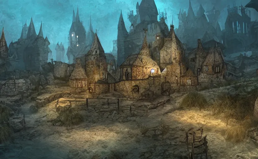 Image similar to underwater medieval village, concept art, render, blender