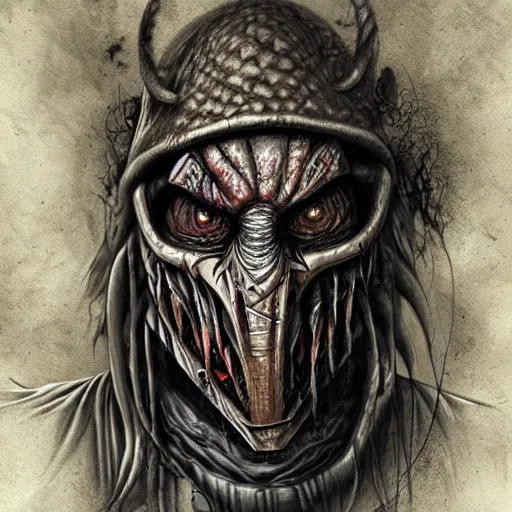 Prompt: surrealism grunge cartoon portrait sketch of Predator, by michael karcz, loony toons style, freddy krueger style, horror theme, detailed, elegant, intricate