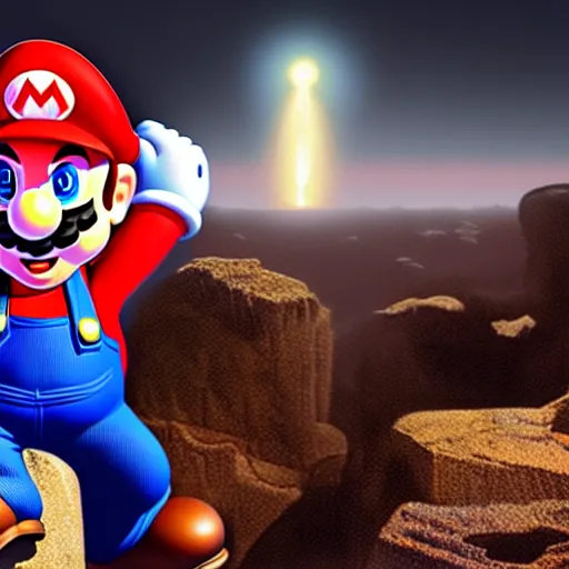 Image similar to Mario is ascending, photorealistic, desolate, terrifying, weird, strange, odd, uncanny, hyper realism, highly detailed, photorealism, smooth gradients, high contrast, photorealistic