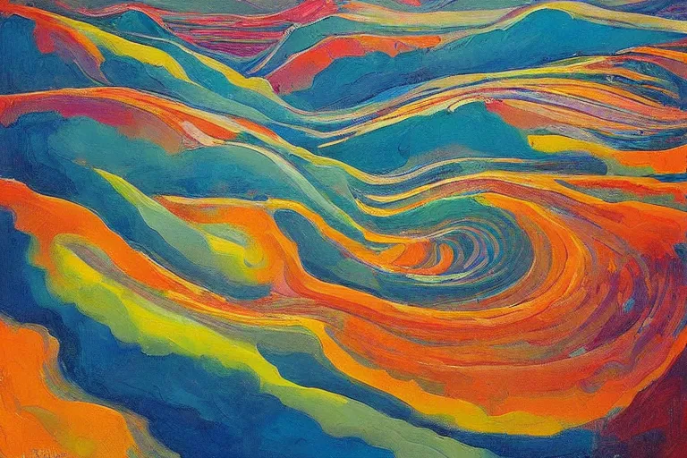 Image similar to Psychedelic sci-fi dreamworld. Landscape painting. Organic. Winding rushing water. Waves. Clouds. Wayne Thiebaud