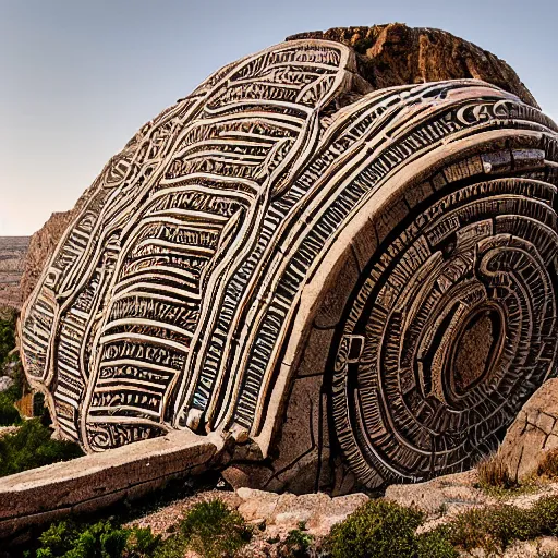 Image similar to a gigantic paleolothic torus made of stone with highly detailed carvings of intricate shamanic robotic electronics and circuitry, in a mediterranean lanscape, inside a valley overlooking the sea, in the style of michael karcz