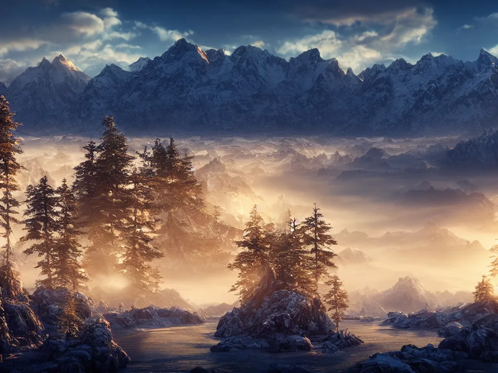 Image similar to epic crystalline taiga with a river, golden hour, distant mountains, atmospheric perspective, cinematic, 3 5 mm lens, photographic, octane render, cinematography by roger deakins, in the style of ansel adams